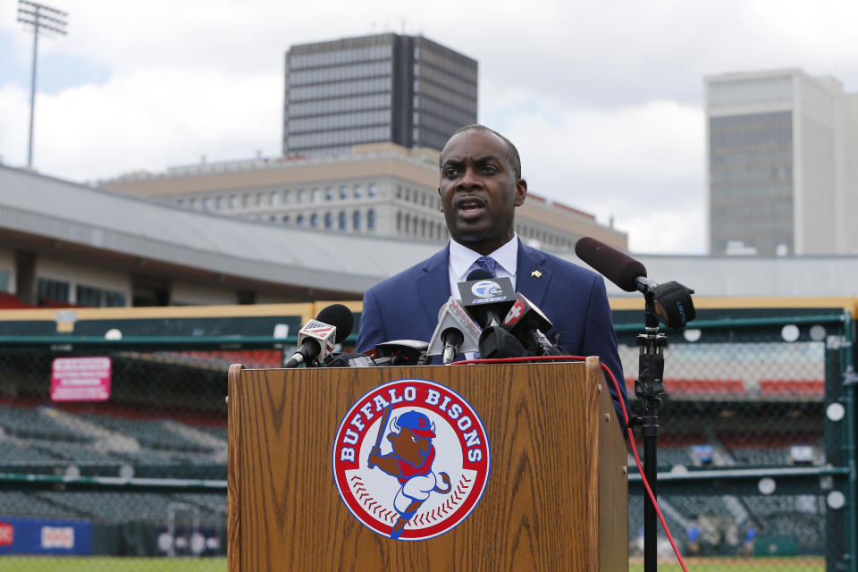Buffalo Mayor Byron Brown addresses the media during a press conference announcing the Toronto Blue Jays will play their 2020 home games at Sahlen Field, their Triple-A affiliate, Friday, July 24, 2020, in Buffalo N.Y. (AP Photo/Jeffrey T. Barnes)