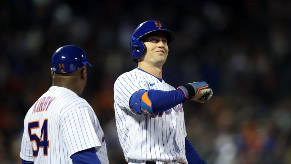 Oct 8, 2022;  New York City, New York, USA;  New York Mets center fielder Brandon Nimmo (9) reacts after hitting an RBI single in the fourth inning during game two of the Wild Card series against the San Diego Padres for the 2022 MLB Playoffs at Citi Field.  Mandatory Credit: Brad Penner-USA TODAY Sports