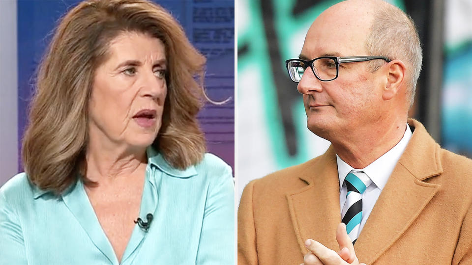 Caroline Wilson is pictured hosting Footy Classified on the left, while David Koch is pictured at a Port Adelaide game on the right.