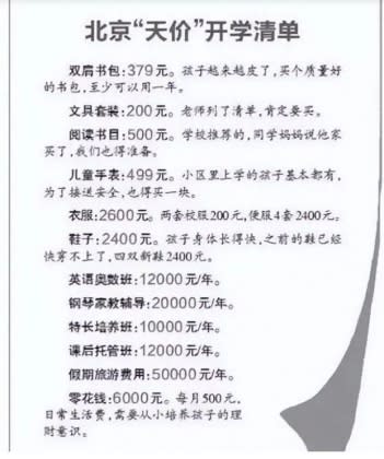 北京家長列出開學清單，總計竟高達台幣183萬元。（圖／翻攝自網易新聞）