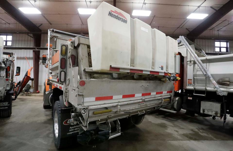 A plow and salt truck has the additional tool of a brine tank which mixes with the road salt to keep snow and ice at bay on the town’s roads, Tuesday, December 6, 2022, in Sheboygan, Wis.