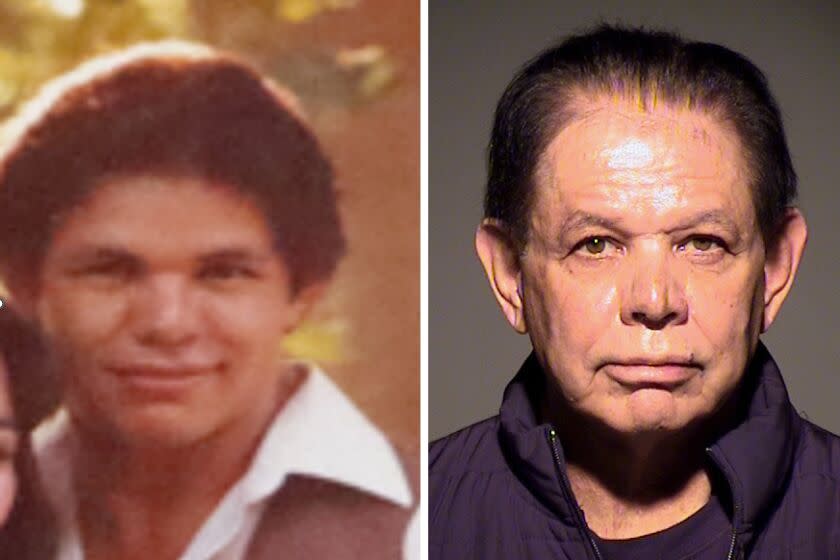 Left: Undated image of Tony Garcia and his booking mugshot, right. Ventura County DA, Sheriff and Oxnard PD Chief held a press conference on Thursday, Feb. 9, 2023, regarding two cold case murders from 1981 and the arrest of Tony Garcia of Oxnard.