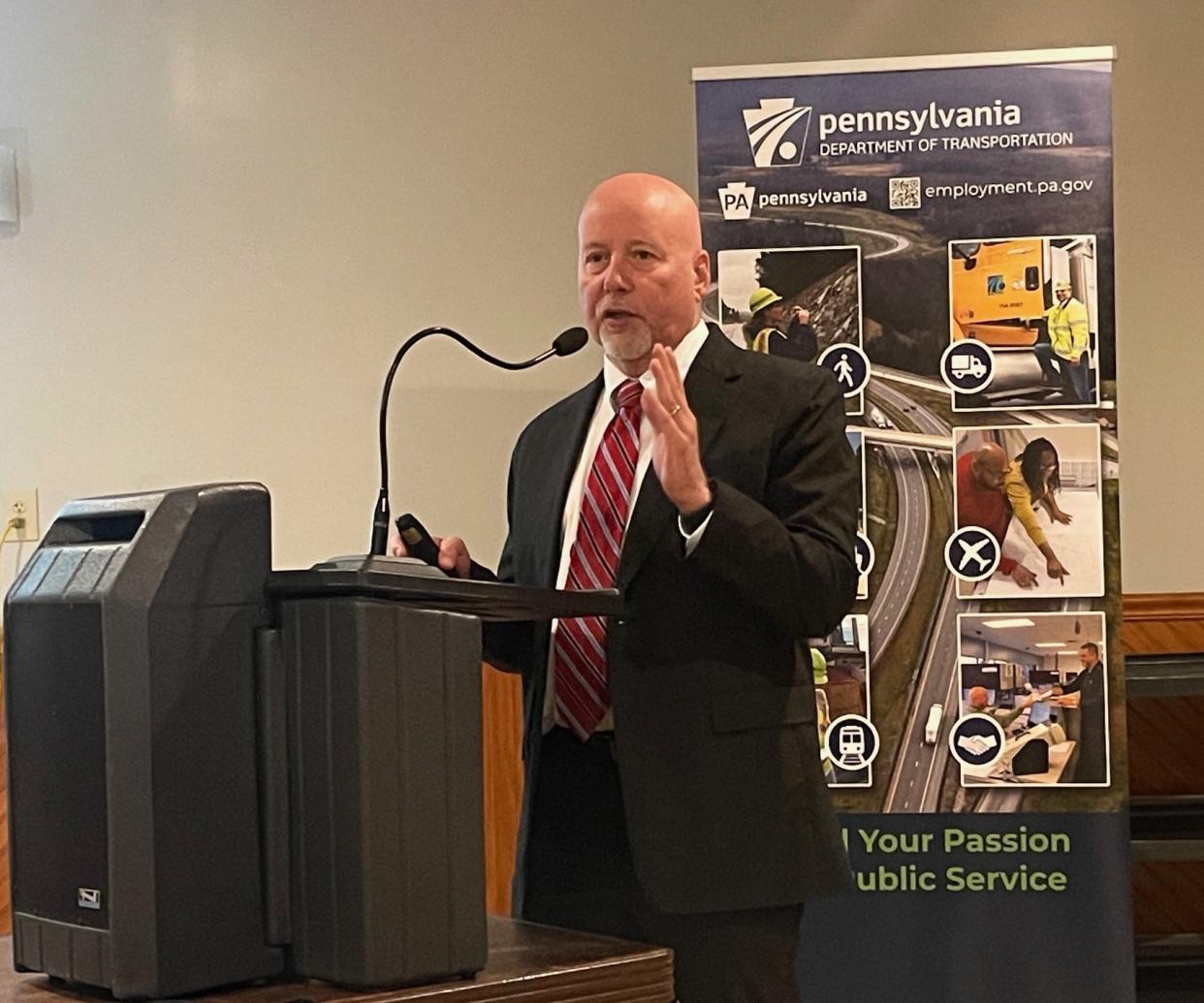 PennDOT District 9 Executive Vince Greenland speaks during the Somerset County outreach meeting on April 18, 2024.