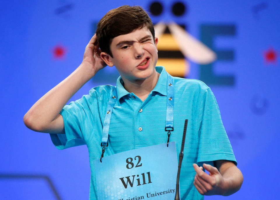 <p>Will Lourcey, 14, of Fort Worth, Texas, contemplates a word during the 2017 Scripps National Spelling Bee at National Harbor in Oxon Hill, Maryland, U.S., May 31, 2017. (Joshua Roberts/Reuters) </p>