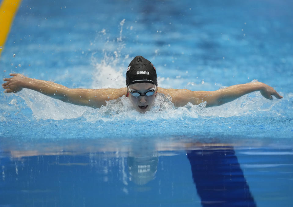 Alex Walsh of the United States competes during competes during Women 200m Medley semifinals 1 at the World Swimming Championships in Fukuoka, Japan, Sunday, July 23, 2023. (AP Photo/Lee Jin-man)