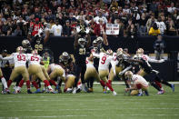 San Francisco 49ers kicker Robbie Gould (9) kicks the game winning field goal at the end of regulation in the second half an NFL football game against the New Orleans Saints in New Orleans, Sunday, Dec. 8, 2019. The 49ers won 48-46. (AP Photo/Butch Dill)