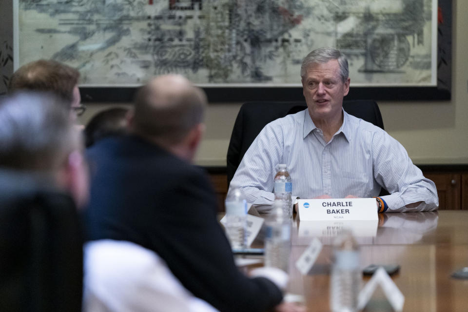 NCAA President Charlie Baker speaks to reporters Friday, Feb. 23, 2024, in Washington. (AP Photo/Stephanie Scarbrough)