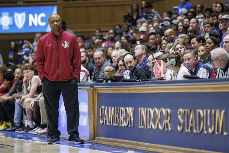 Florida State head coach Leonard Hamilton reacts on the sideline during the second half of an NCAA college basketball game against Duke in Durham, N.C., Saturday, Dec. 31, 2022. (AP Photo/Ben McKeown)