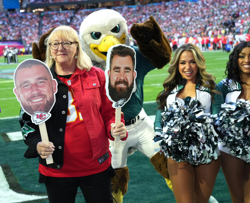 GLENDALE, ARIZONA - FEBRUARY 12:  Donna Kelce, mother of Jason Kelce and Travis Kelce attends Super Bowl LVII at State Farm Stadium on February 12, 2023 in Glendale, Arizona. (Photo by Kevin Mazur/Getty Images for Roc Nation)