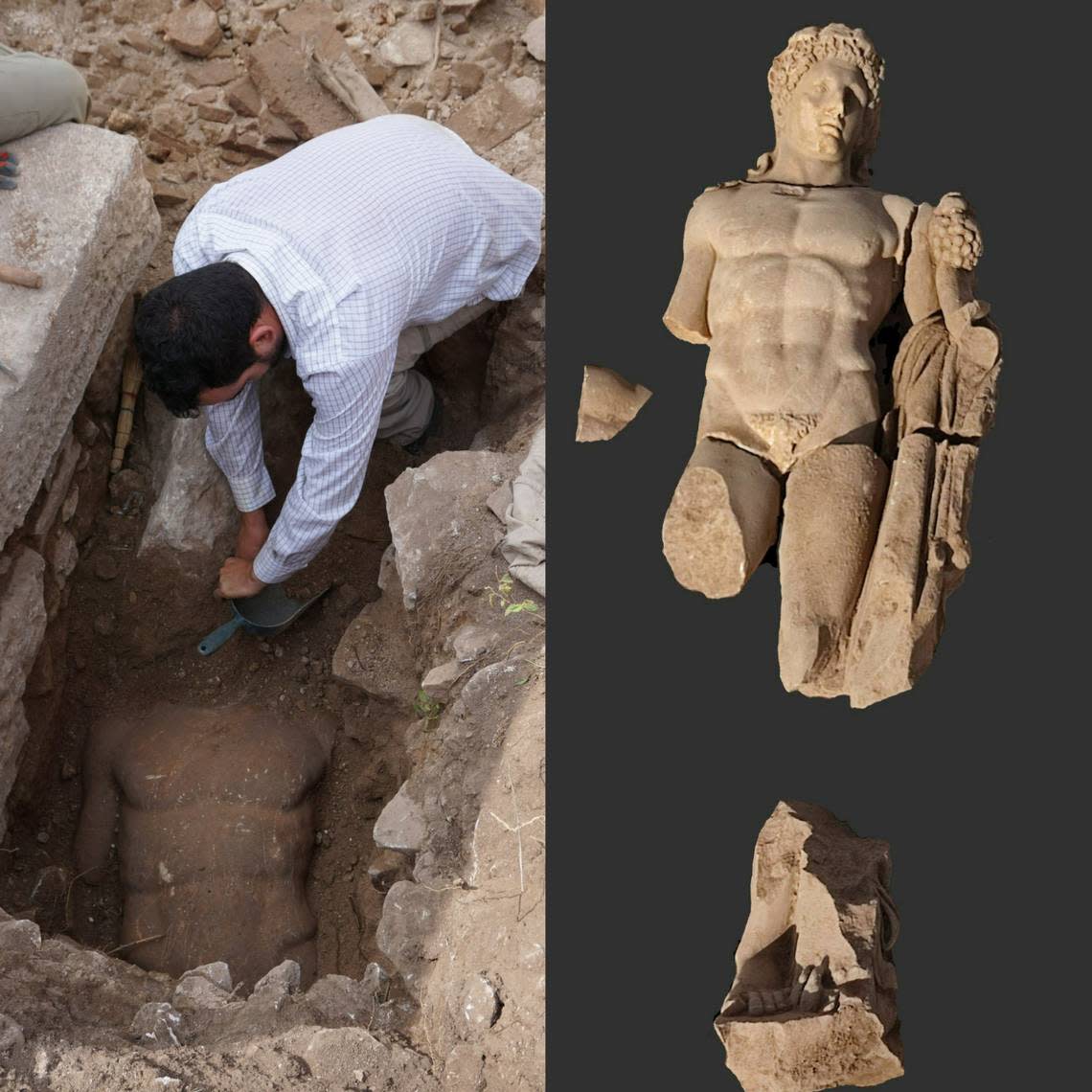 The statue before (left) and after (right) archaeologists excavated it.