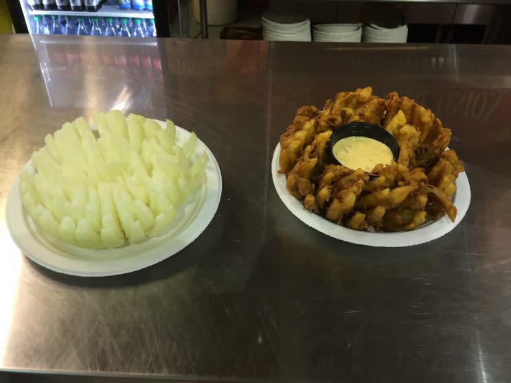 Bloomin' onion at the CNE in the Food Building, before and after the deep-frying process. (Tori Floyd)