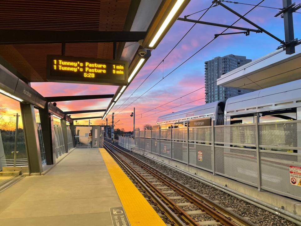 Ottawa's Hurdman light rail station around sunrise one morning in May 2024.