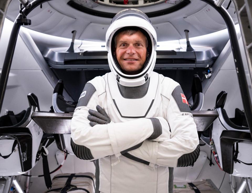 NASA's SpaceX Crew-7 in training at SpaceX in Hawthorne, California before their mission to the International Space Station. Andreas Mogensen poses for a photo.