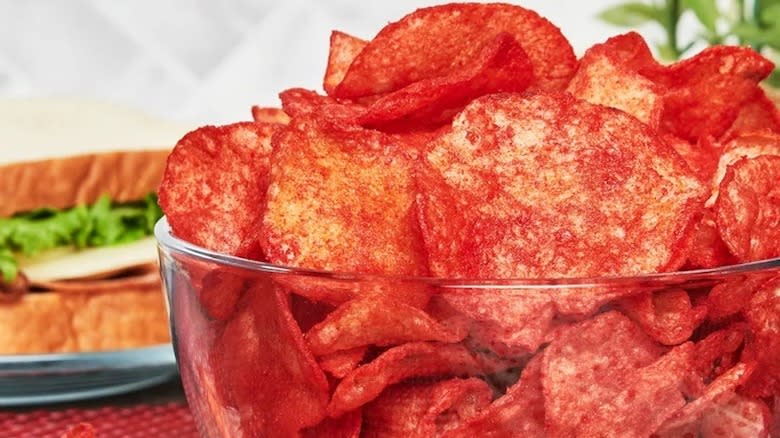 A bowl of red hot potato chips