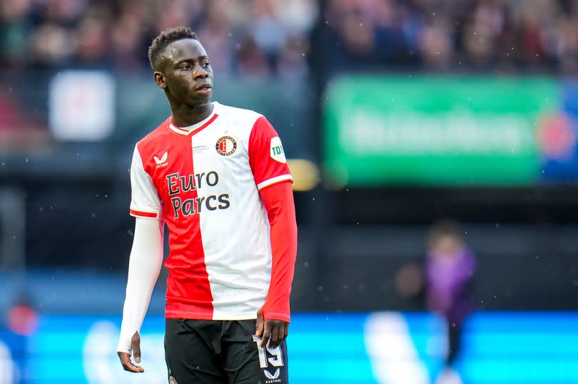 Yankuba Minteh of Feyenoord looks on during the Dutch TOTO KNVB Cup Final between Feyenoord and NEC Nijmegen at Stadion Feijenoord on April 21, 2024