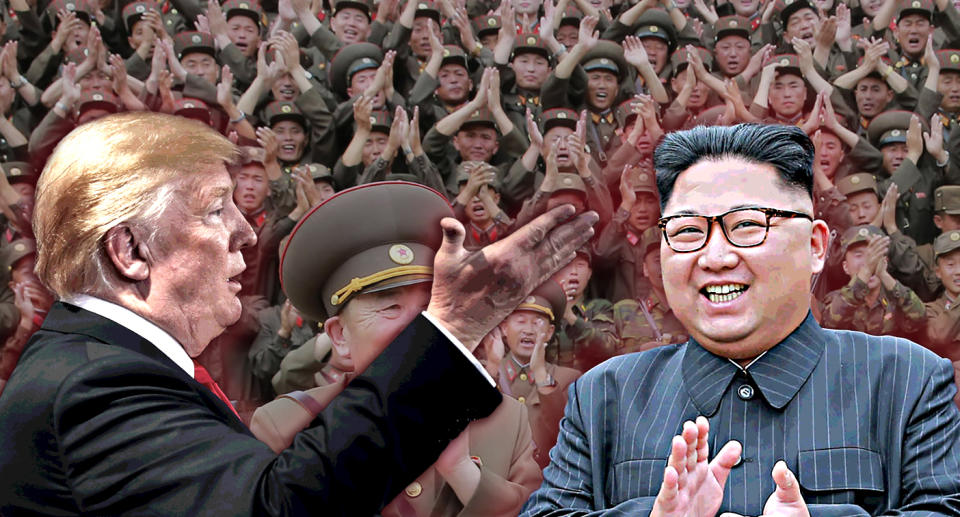 Donald Trump, Kim Jong Un (Photo illustration: Yahoo News; photos: Jonathan Ernst/Reuters, KCNA via KNS/STR/AFP/Getty Images)