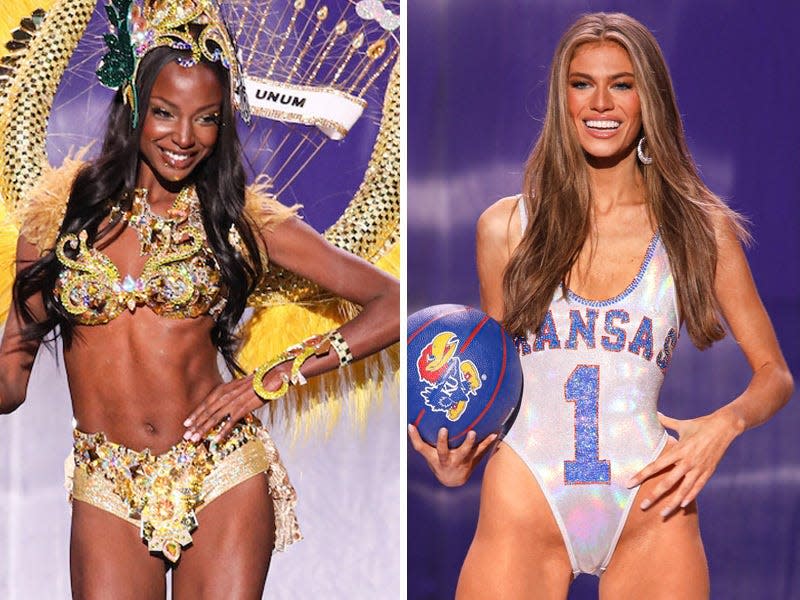 Three photos of 2022 Miss USA contestants competing in the costume contest.
