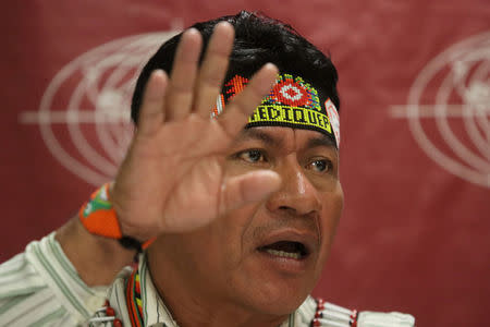 Aurelio Chino, president of Amazon's native communities of the Pastaza basin, speaks during a news conference with the foreign media in Lima, Peru, August 22, 2017. REUTERS/Guadalupe Pardo