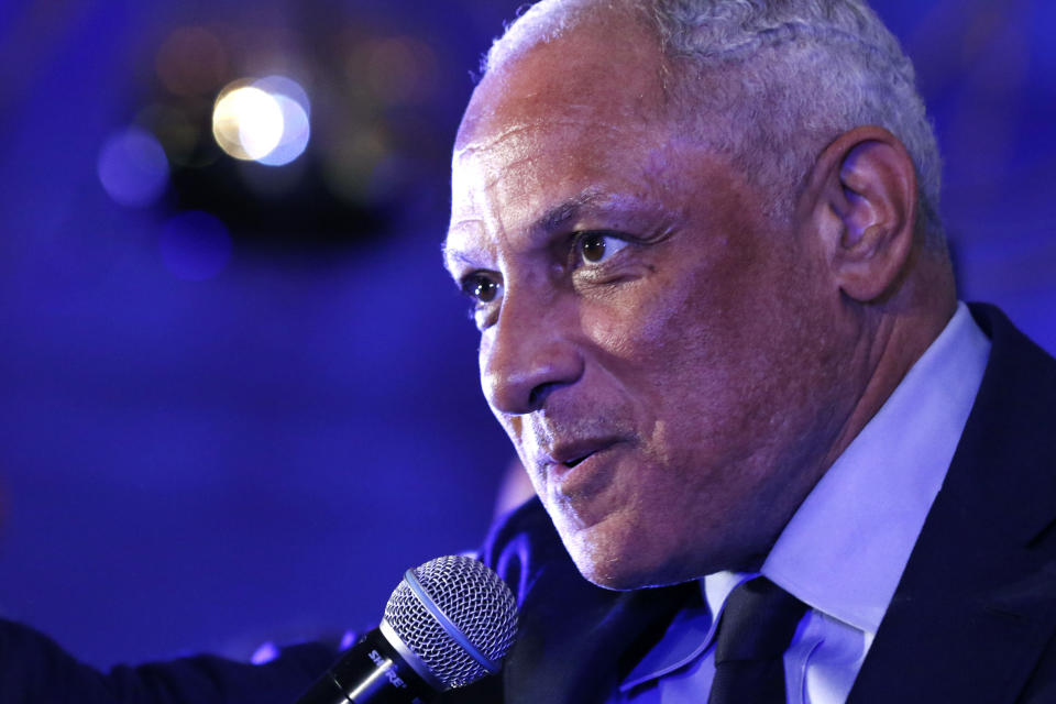 Mike Espy who is seeking to unseat appointed Sen. Cindy Hyde-Smith, R-Miss., and serve the last two years of the six-year term vacated when Republican Thad Cochran retired for health reasons, speaks to a crowded ballroom of supporters following his speech in Jackson, Miss., Tuesday night, Nov. 6, 2018. Espy will face Hyde-Smith in a runoff on Nov. 27. (AP Photo/Rogelio V. Solis)
