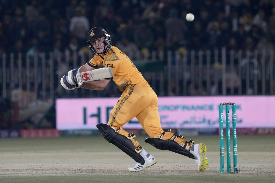 Peshawar Zalmi' Tom Kohler Cadmore plays a shot during the Pakistan Super League T20 cricket match between Peshawar Zalmi and Quetta Gladiators, in Rawalpindi, Pakistan, Friday, March 8, 2024. (AP Photo/Anjum Naveed)