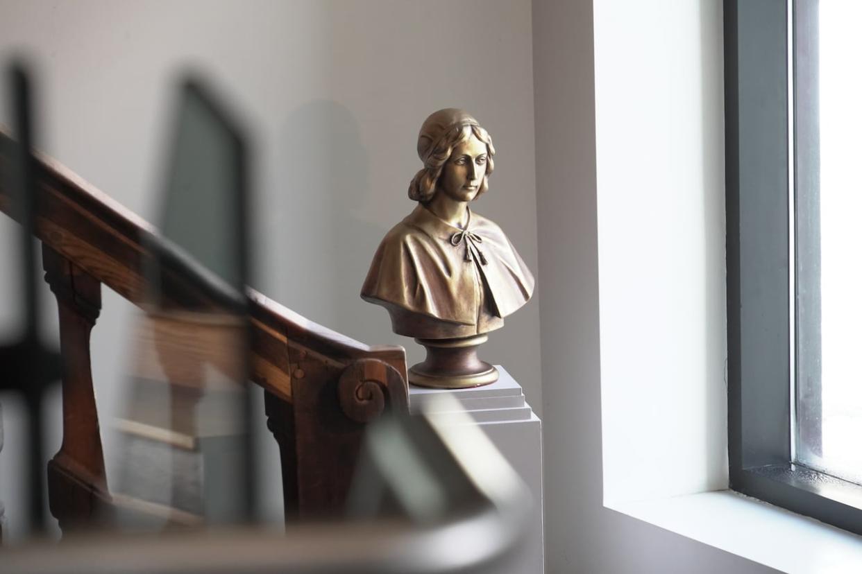 A bust portraying Jeanne Mance at the Musée des Hospitalières in Montreal.  She came to New France at the age of 34 and died in 1673 at the age of 67.  (Charles Contant/CBC - image credit)