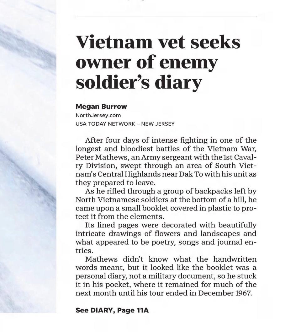 In late January, a story in the Bergen Record described Peter Mathews' quest to find the diary's owner.