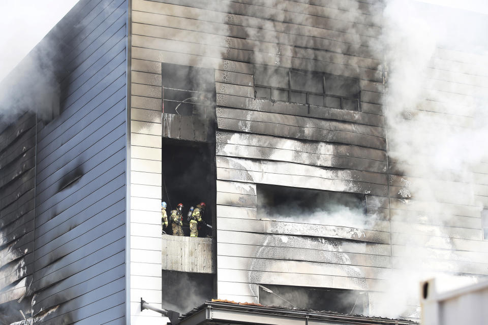 Firefighters battle a fire at a construction site in Icheon, South Korea, Wednesday, April 29, 2020. Several workers were killed in the fire, South Korean officials said. (Hong Ki-won/Yonhap via AP)