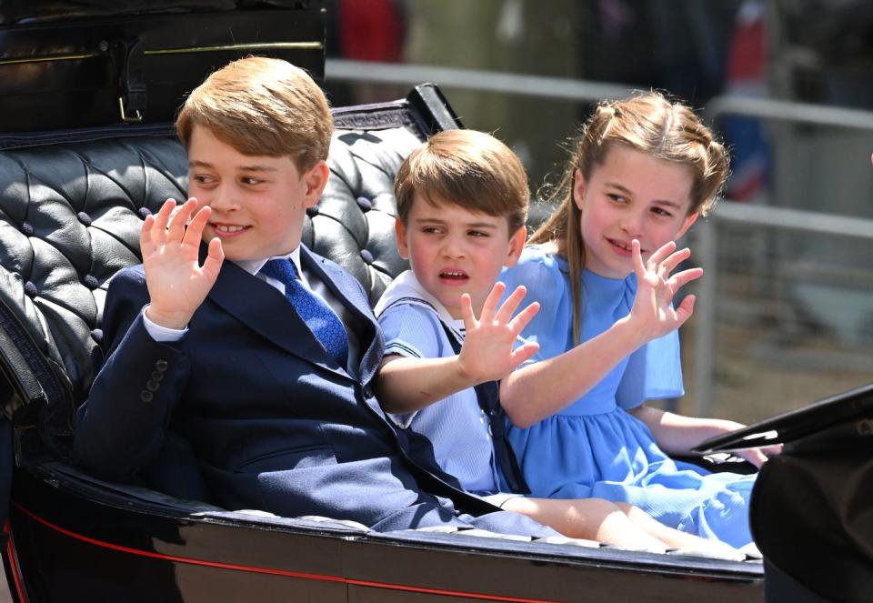 london, england june 02 prince george, prince louis and princess charlotte in the carriage procession at trooping the colour during queen elizabeth ii platinum jubilee on june 02, 2022 in london, england the platinum jubilee of elizabeth ii is being celebrated from june 2 to june 5, 2022, in the uk and commonwealth to mark the 70th anniversary of the accession of queen elizabeth ii on 6 february 1952 trooping the colour, also known as the queens birthday parade, is a military ceremony performed by regiments of the british army that has taken place since the mid 17th century it marks the official birthday of the british sovereign this year, from june 2 to june 5, 2022, there is the added celebration of the platinum jubilee of elizabeth ii in the uk and commonwealth to mark the 70th anniversary of her accession to the throne on 6 february 1952 photo by karwai tangwireimage