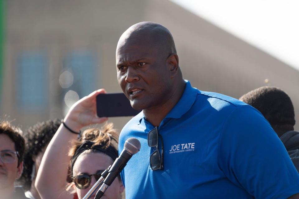 Michigan Speaker of the House Joe Tate talks to a crowd following the Labor Day parade Roosevelt Park in front of the Michigan Central Station in Detroit on Monday, September 4, 2023.