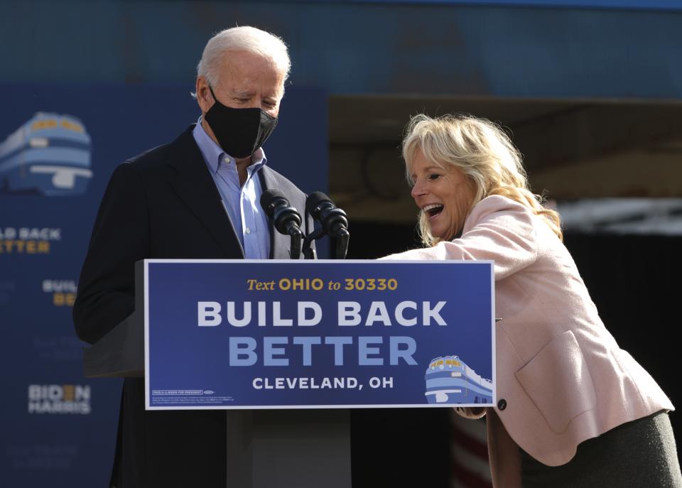 Dr. Jill Biden introduces her husband Democratic U.S. presidential nominee Joe Biden during a campaign event to launch a train campaign tour at Cleveland Amtrak Station September 30, 2020 in Cleveland, Ohio.