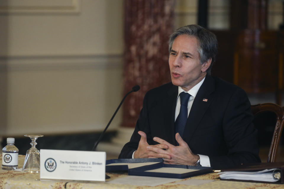 U.S. Secretary of State Antony Blinken speaks during a virtual meeting with UN Secretary-General Antonio Guterres from the State Department in Washington, on Monday, March 29, 2021. (Leah Millis/Pool via AP)