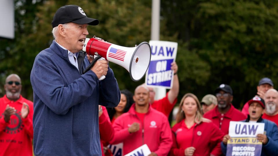 Biden joined striking United Auto Workers members on the picket line in Van Buren Township, Michigan. - Evan Vucci/AP