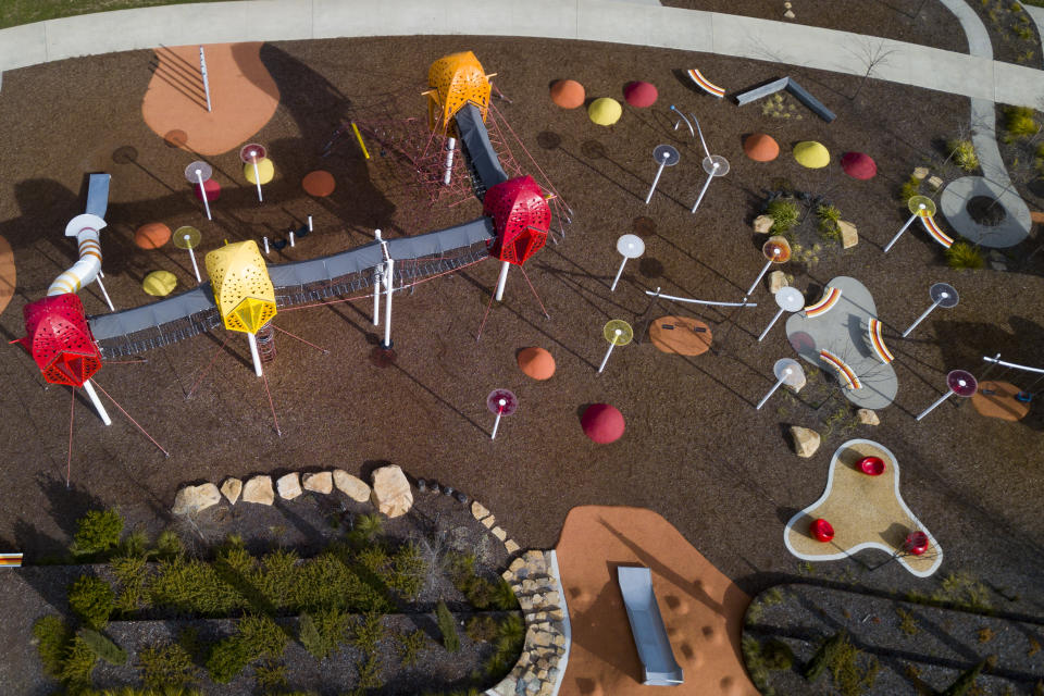 A drone image shows a suburban playground during lockdown in Canberra in 2021. 