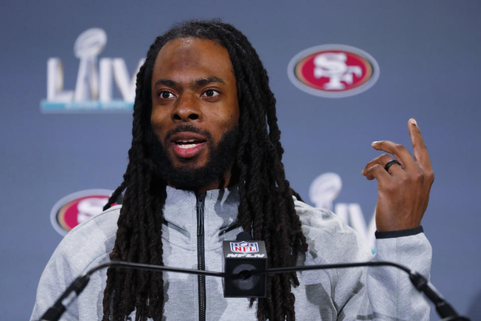 San Francisco 49ers cornerback Richard Sherman speaks during a media availability, Wednesday, Jan. 29, 2020, in Miami, for the NFL Super Bowl 54 football game against the Kansas City Chiefs. (AP Photo/Wilfredo Lee)