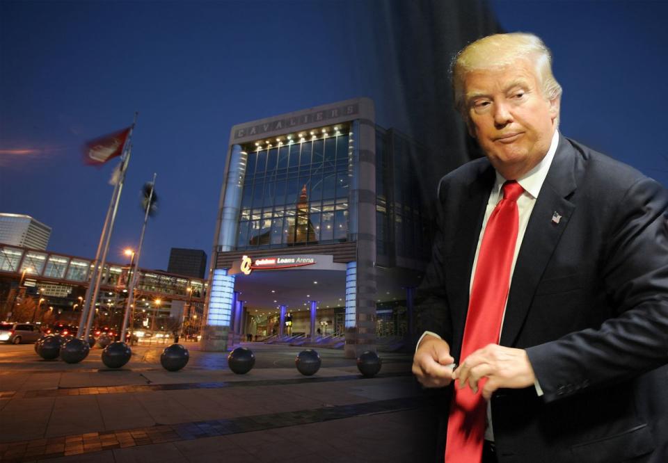 Quicken Loans Arena in Cleveland and Donald Trump. (Photo illustration: Yahoo News, photos: David Liam Kyle/NBAE via Getty Images, Gerardo Mora/Getty Images)