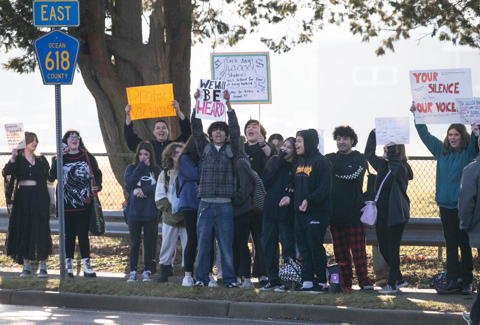 Students of Central Regional High School protest along Forest Hills Parkway. The students are upset with inaction by the district regarding bullying within the school system which they feel helped lead to the recent death of a fellow student.  Berkeley Township, NJWednesday, February 8, 2023
