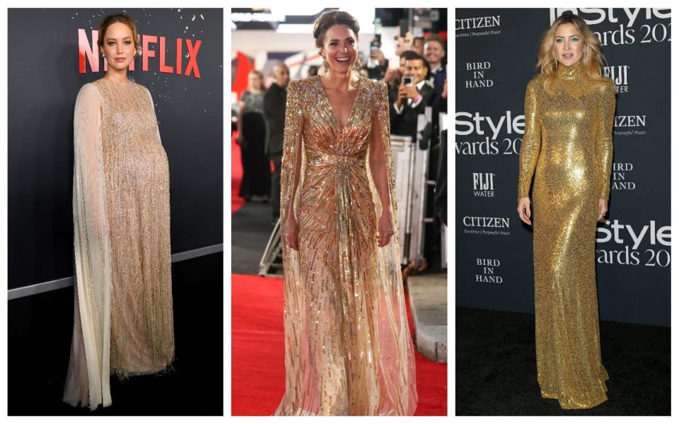 Jennifer Lawrence, the Duchess of Cambridge and Kate Hudson wearing versions of the Glittering Golden Gown - Getty Images