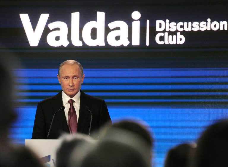 Russian President Vladimir Putin gives a speech at a Valdai Discussion Club meeting of political scientists in Sochi on October 27, 2016