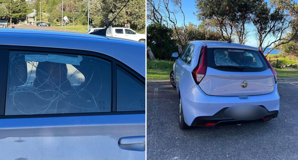 Dog inside silver car with barbed wire at Caves Beach