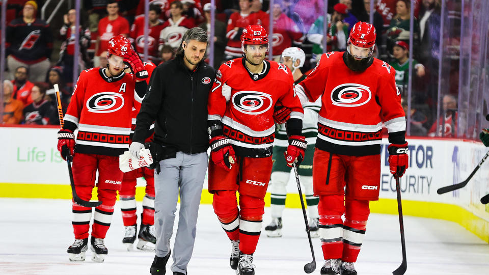 Hurricanes forward Max Pacioretty #67 had to be helped off the ice Thursday.  (Photo by Jaylynn Nash/Getty Images)