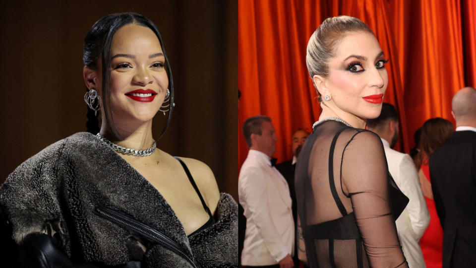 蕾哈娜（Rihanna）(左)與女神卡卡（Lady Gaga）(右)在奧斯卡頒獎典禮上的穿搭一樣吸睛。（圖／達志影像、路透社）