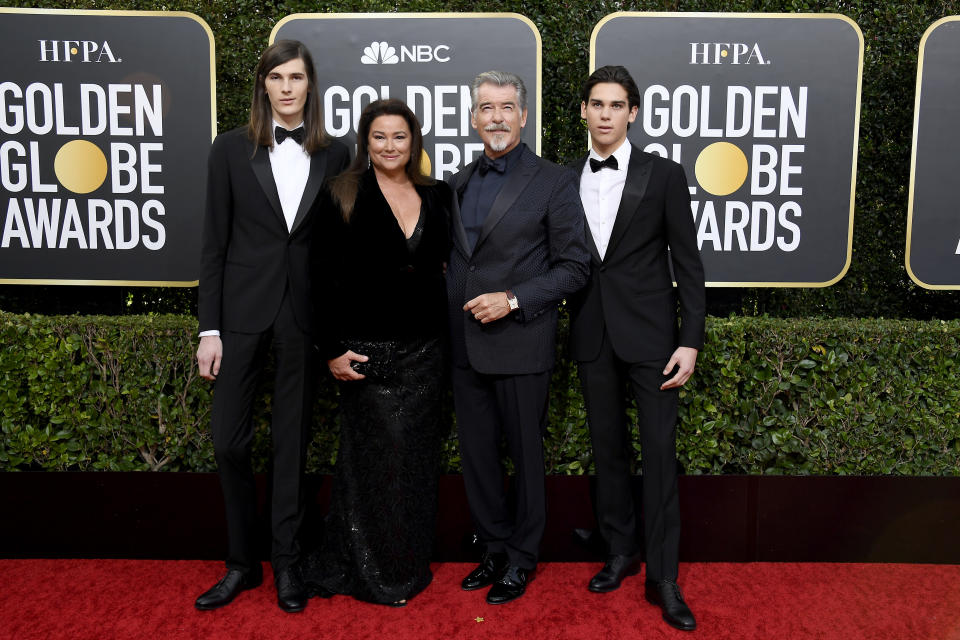 BEVERLY HILLS, CALIFORNIA - JANUARY 05: 77th ANNUAL GOLDEN GLOBE AWARDS -- Pictured: (l-r) Dylan Brosnan, Keely Shaye Smith, Pierce Brosnan, and Paris Brosnan arrive to the 77th Annual Golden Globe Awards held at the Beverly Hilton Hotel on January 5, 2020. -- (Photo by: Kevork Djansezian/NBC/NBCU Photo Bank via Getty Images)