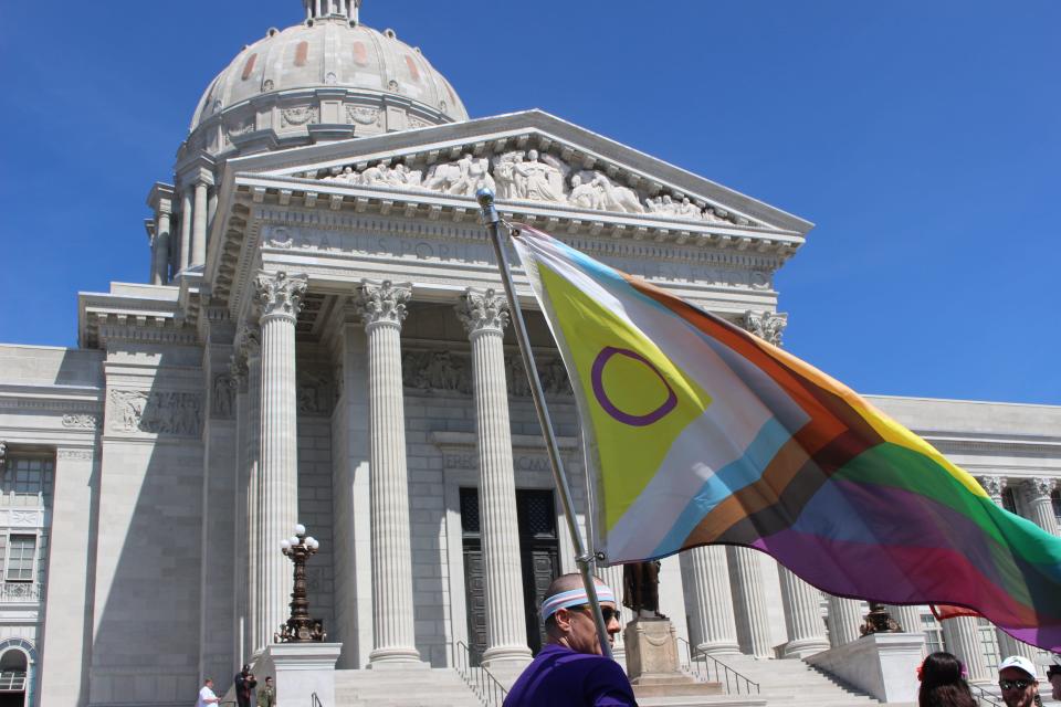 Members and advocates for transgender rights protested outside the Missouri State Capitol in Jefferson City on March 29, 2023.