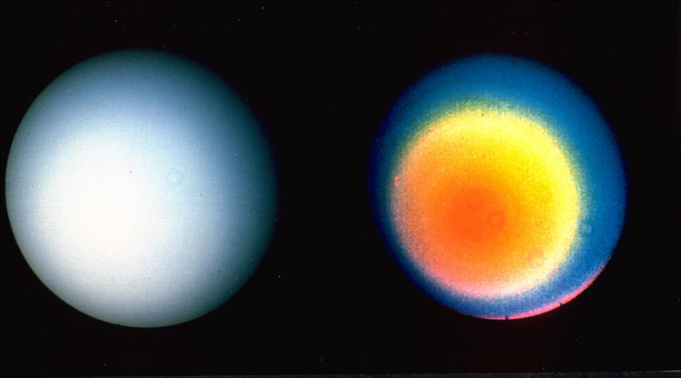 These two pictures of Uranus were compiled from images recorded by Voyager 2 on January 10th, 1986, when the NASA spacecraft was 11 million miles from the planet. (AP Photo/NASA)