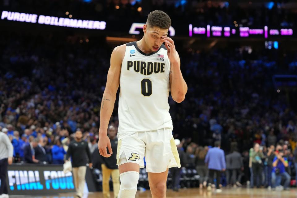 Purdue's Mason Gillis leaves the court after the Boilermakers' NCAA Tournament loss to Saint Peter's.