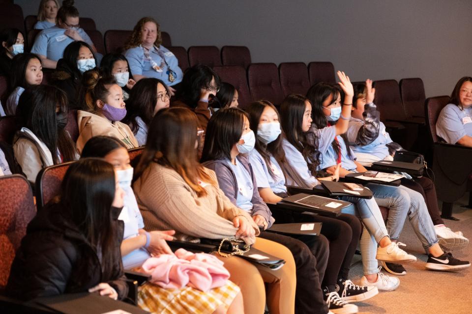 Asian, Pacific Islander, and Desi American students listen to Tara Yang's keynote speech at the APIDA achievement summit on April 27.