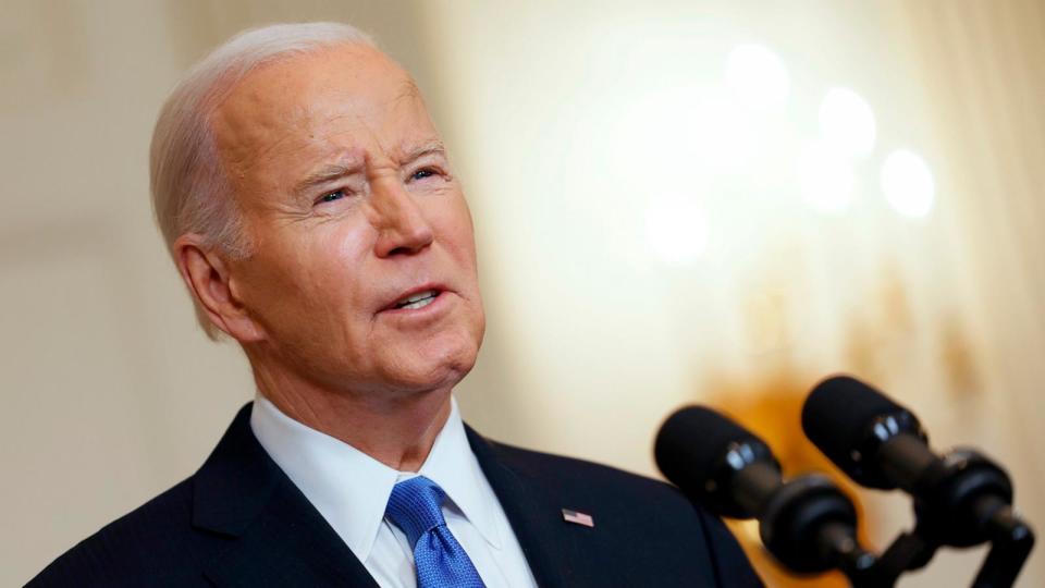 PHOTO: U.S. President Joe Biden speaks on the Senate's recent passage of the National Security Supplemental Bill, which provides military aid to Ukraine, Israel and Taiwan, in the State Dining Room of the White House on Feb. 13, 2024 in Washington, DC.  (Anna Moneymaker/Getty Images)