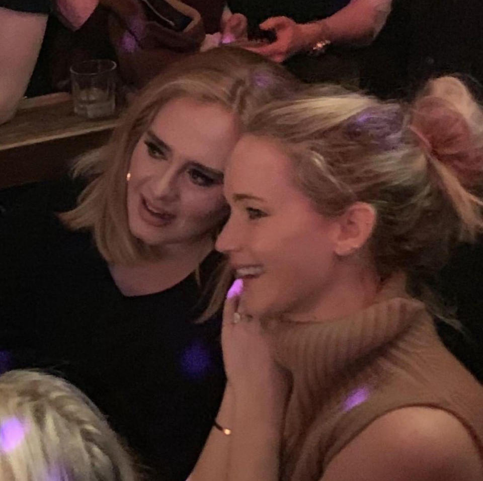 Adele and Jennifer Lawrence party the the night away together at Pieces bar in Greenwich Village, New York. PRESS ASSOCIATION Photo. Issue date: Saturday March 23, 2019. See PA story SHOWBIZ Adele. Photo credit should read: Ben Lebowitz /PA WireNOTE TO EDITORS: This handout photo may only be used in for editorial reporting purposes for the contemporaneous illustration of events, things or the people in the image or facts mentioned in the caption. Reuse of the picture may require further permission from the copyright holder. 