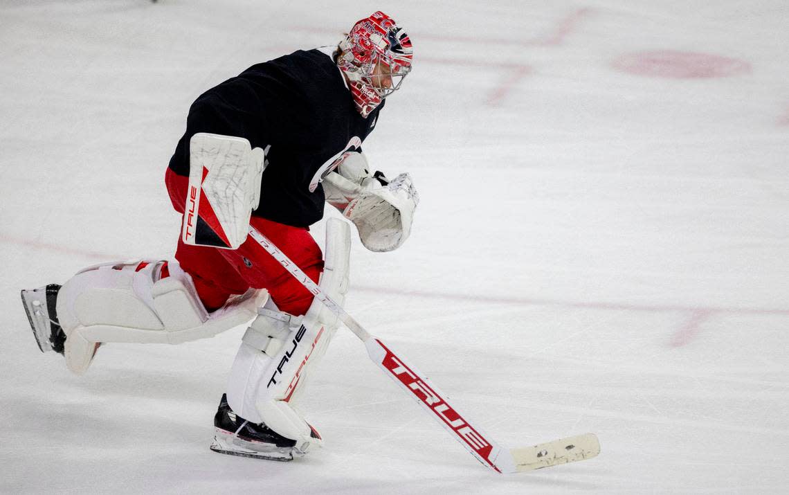 Carolina Hurricanes goaltender Frederik Anderson (31) goes through a taking drill at the end of their practice on Thursday, May 2, 2024 at PNC Arena in Raleigh, N.C.