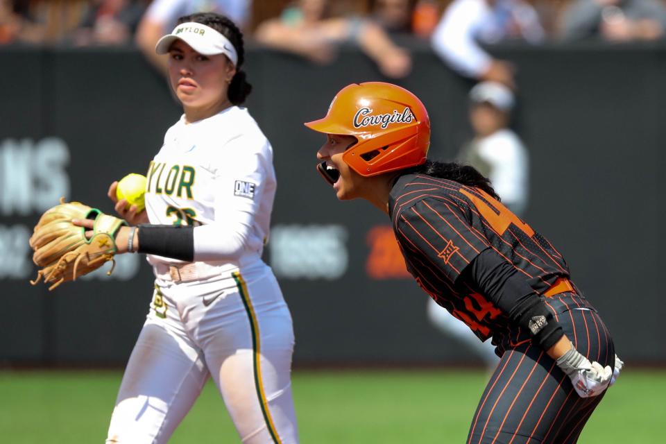 OSU infielder Tallen Edwards (44) screams to the dugout after hitting a double against Baylor on Saturday at Cowgirl Stadium in Stillwater.